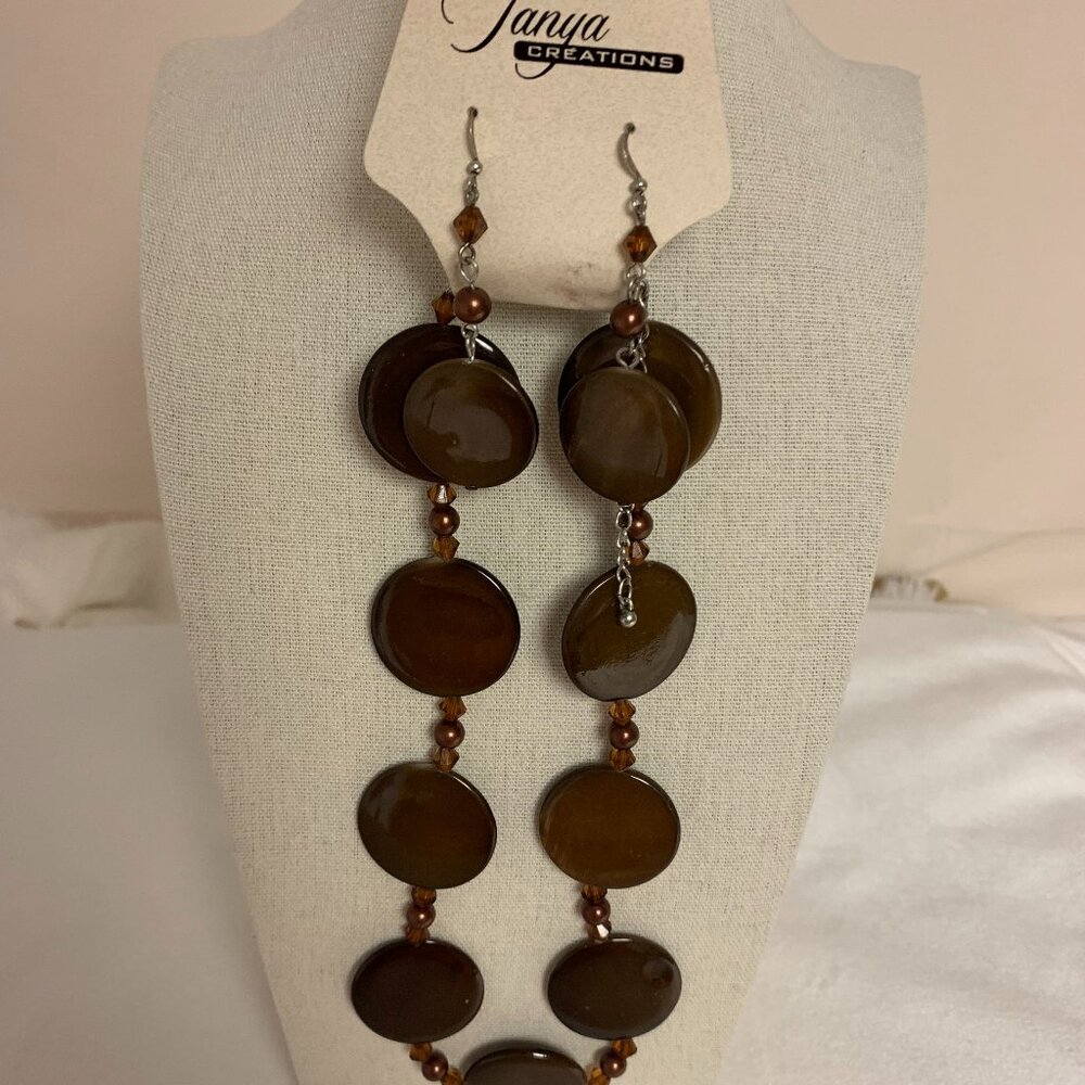 Tanya Jewelry Set Necklace and Earring Brown Faux Wooden Disc Retro Boho NWT